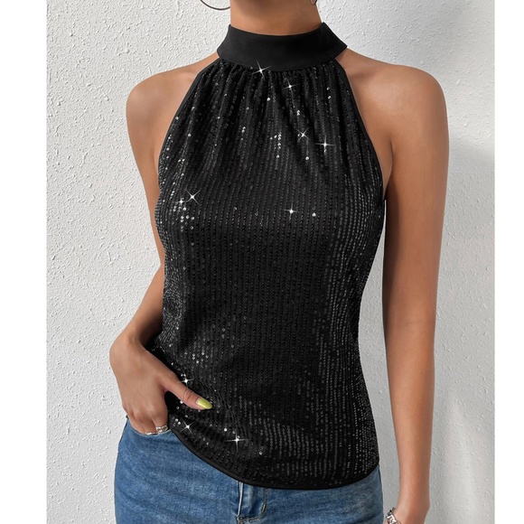 Luxe Sequin Halter Party Evening Holiday Top - Picture 7 of 12